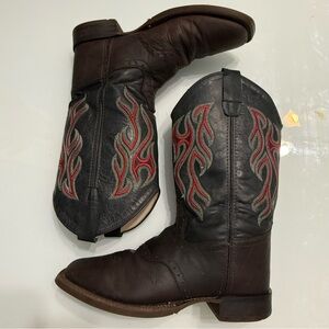 Old West Cowboy Boots – Brown Leather w/ Red Flame Stitch, Size 6D